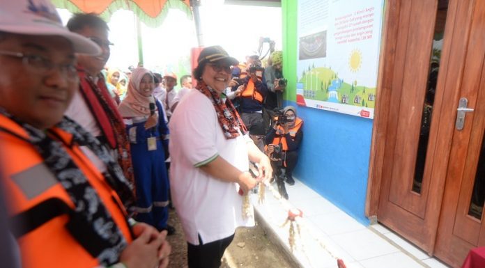 Menteri Lingkungan Hidup dan Kehutanan Siti Nurbaya resmikan Program Energi Mandiri Surya Angin (E-Mas Bayu) dan Energy Mandiri Tambak Ikan (E-Mbak Mina) dari Pertamina (Persero) Refinery Unit IV . Foto : KLHK