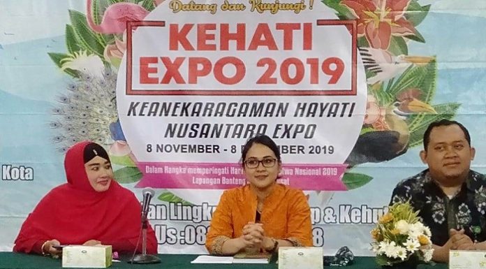 Kepala Bagian Penyajian dan Pelayanan Informasi Publik Nuke Mukitania (di tengah), mewakili Kepala Biro Humas KLHK, memberikan keterangan pers terkait penyelenggaraan Hayati Nusantara Expo 2019. Foto : KLHK