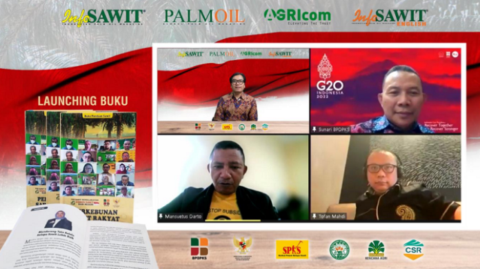 Diskusi online Ngopi Sawit dan Launching Buku Panduan Sawit: Perkebunan Sawit Rakyat, yang diterbitkan InfoSAWIT didukung BPDPKS. Foto: BPDPKS