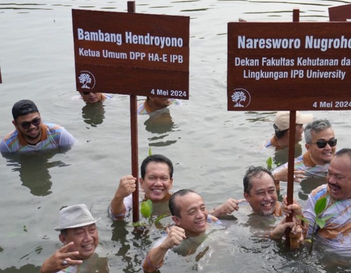 Selain bersilaturahmi dan halalbihalal, Sekretaris Jenderal KLHK Bambang Hendroyono dan peserta juga melakukan penanaman bibit mangrove dan melakukan aksi bersih sampah di kawasan TWA Mangrove Angke Kapuk. Foto: KLHK